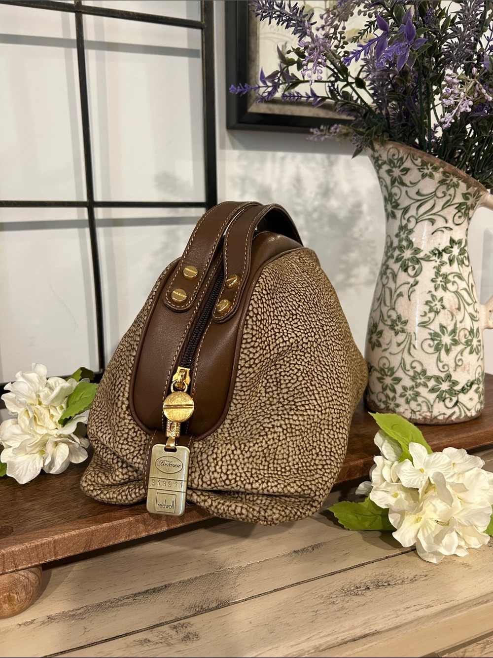 Textured Brown Dome Satchel with Gold Padlock Accent